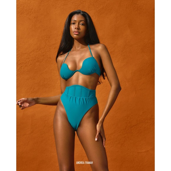 NWT Andrea Iyamah Gura Crst Ocean Blue High Waist Bikini Bottom‎ Swimsuit Medium - Picture 1 of 9